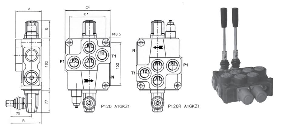1P120 1 sektion riktningsventil 120 L/min handmanövrerad 1" BSP – bild 2