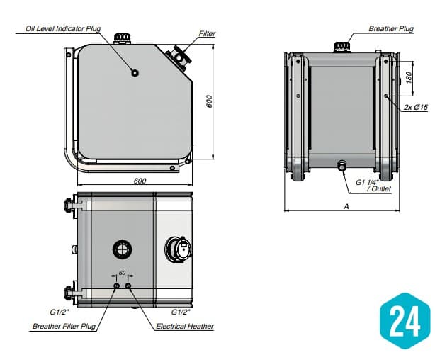 Hydraultank avfasad kant 250 liter med sidmontering och internt filter – bild 2