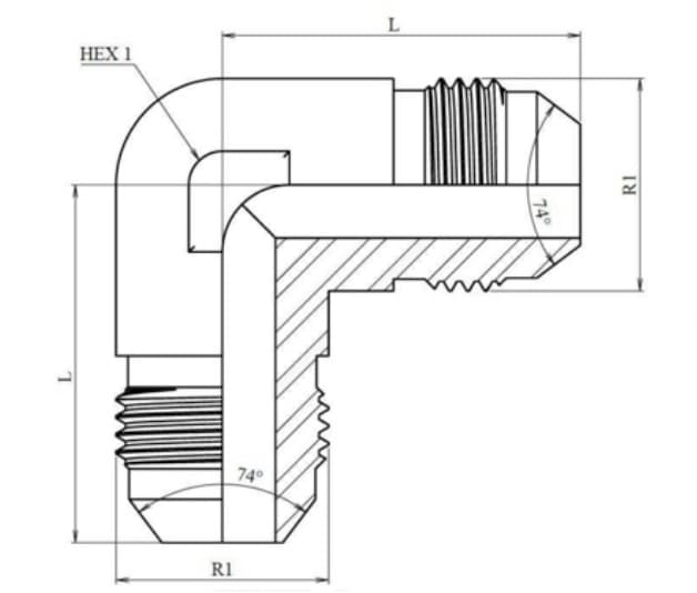 Rostfri vinkelkoppling 90º JIC 7/16" 20h UNF – bild 2