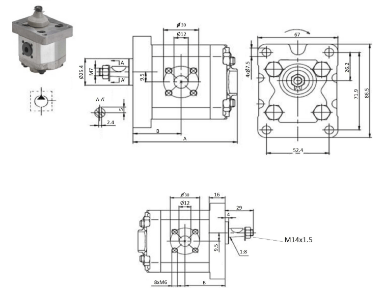 Hydraulisk kugghjulspump 1,8cc grupp 10 konisk axel 1:8 höger med sidoanslutning – bild 2