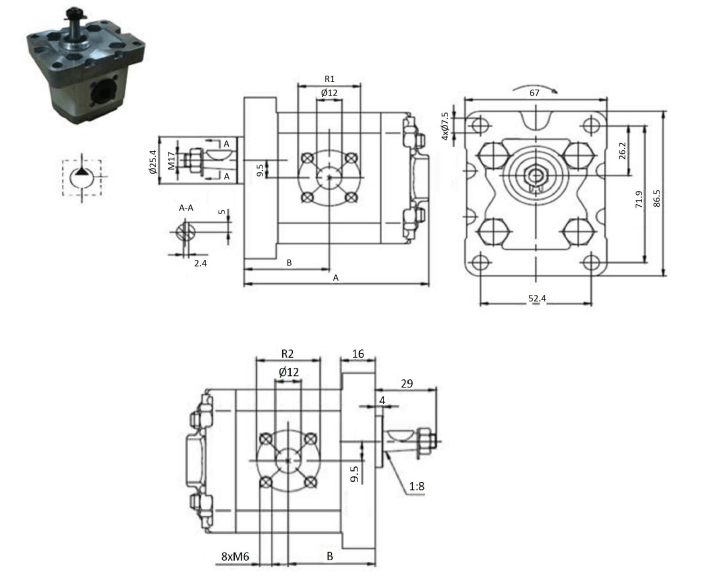 Hydraulisk kugghjulspump 2,7 cc vänster med 1:8 konisk axel grupp 10 – bild 2