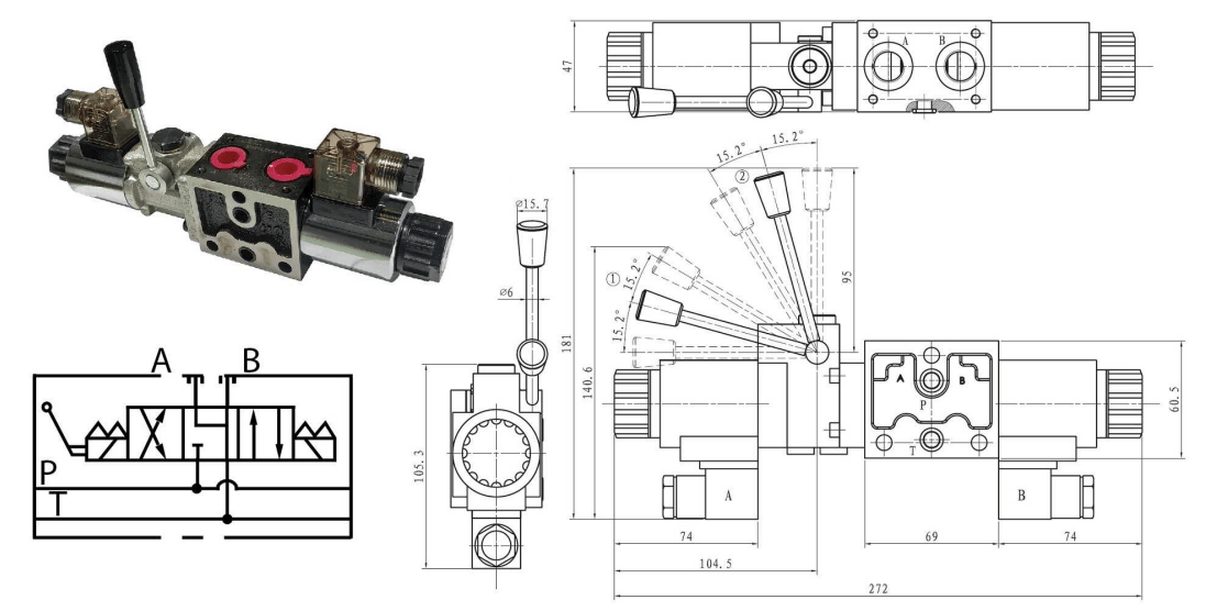 Stapelbar riktningsventil elektriskt/manuellt manövrerad 3/8" 220VAC 40l/min ABT ansluten P stängd – bild 2
