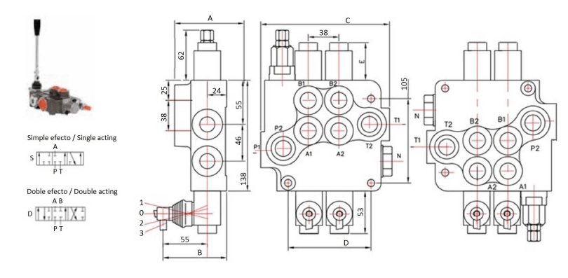 P80 riktningsventil för enkelverkande cylinder 80 L/min handmanövrerad 1/2" BSP – bild 2