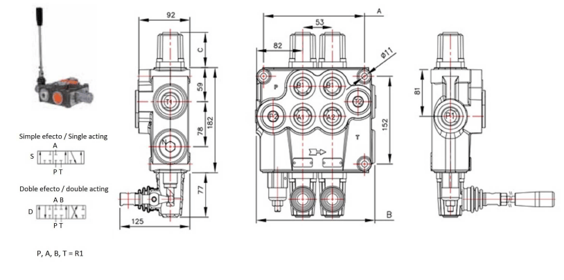 P120 riktningsventil för enkelverkande cylinder 120 L/min handmanövrerad 1" BSP – bild 2