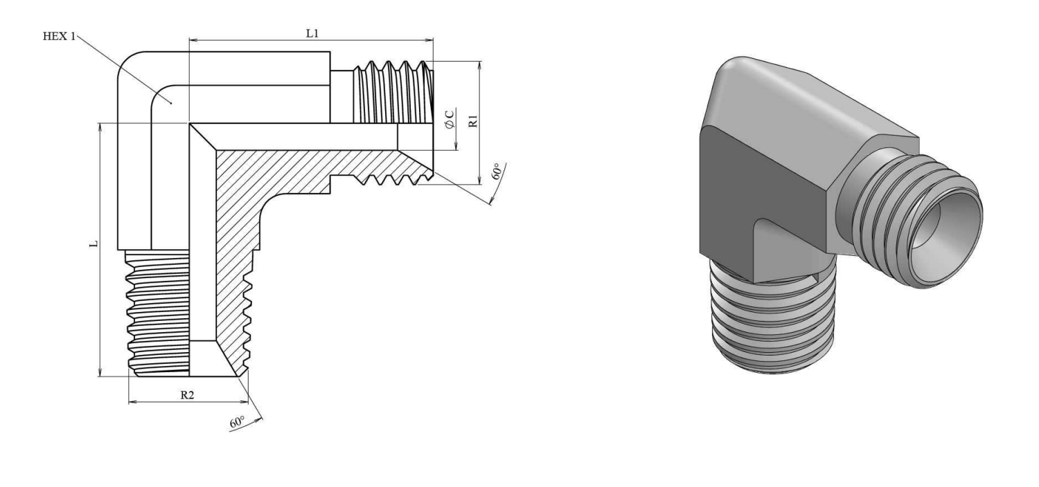 Reducering vinkelkoppling 90º 1/2" BSP - 1/2" NPT hane – bild 2