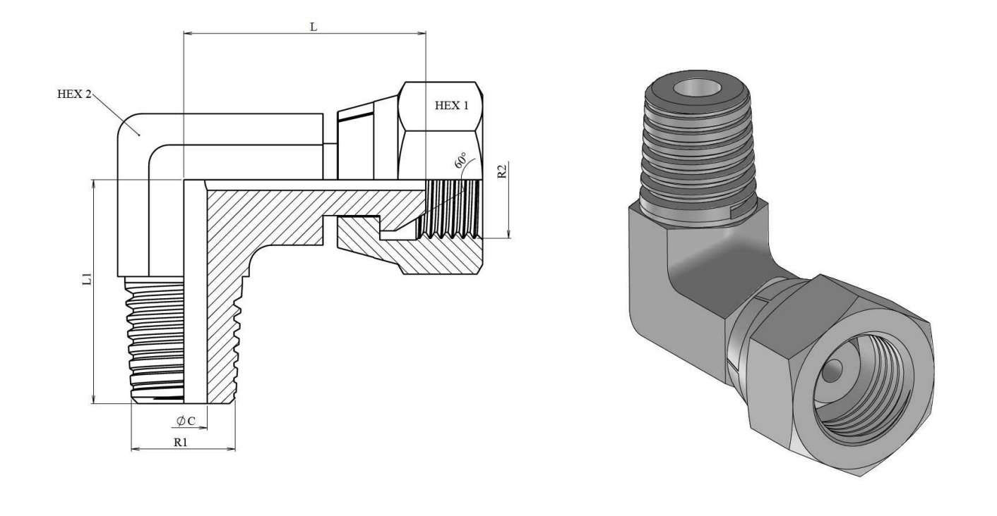 Vinkelkoppling 90º 1/4" BSPT - 1/4" BSP hane - hona med svivel – bild 2