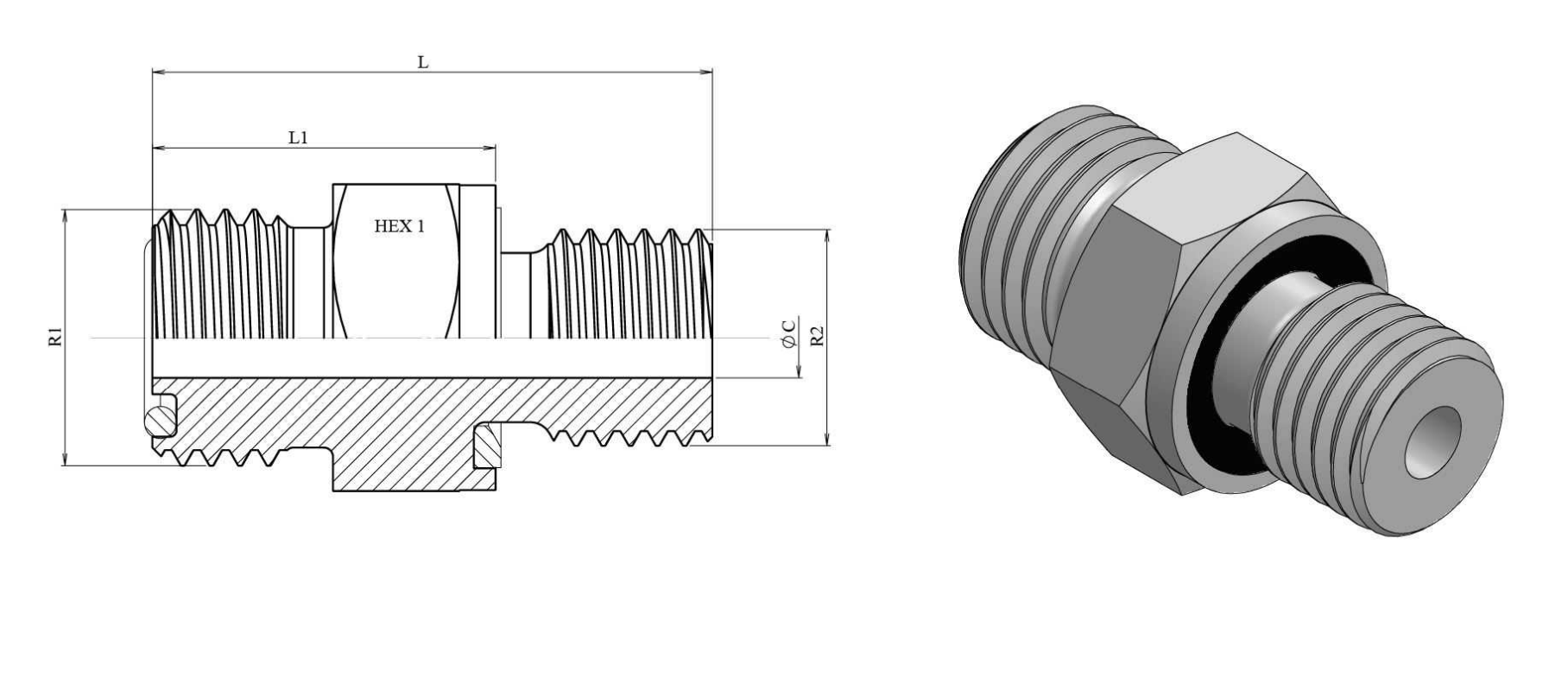 Metrisk ORFS inskruvningskoppling 9/16"-18h hane M12x1.5 hane – bild 2