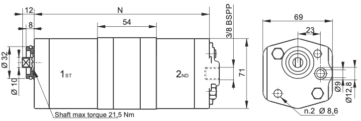 2-stegs hydraulpump för minihydraulaggregat 0,89 cc + 3,3 cc höger – bild 2