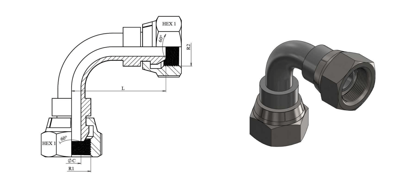 Rostfri vinkelkoppling 90º 1/4" BSP hona med svivel – bild 2