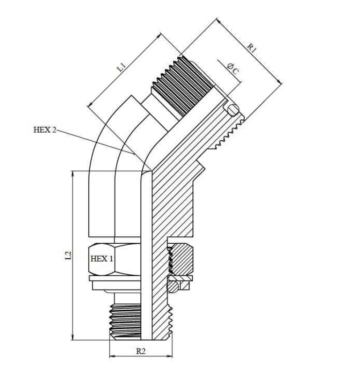 ORFS vinkelkoppling justerbar 45º 1"3/16-12h hane 3/4" BSP hane – bild 2