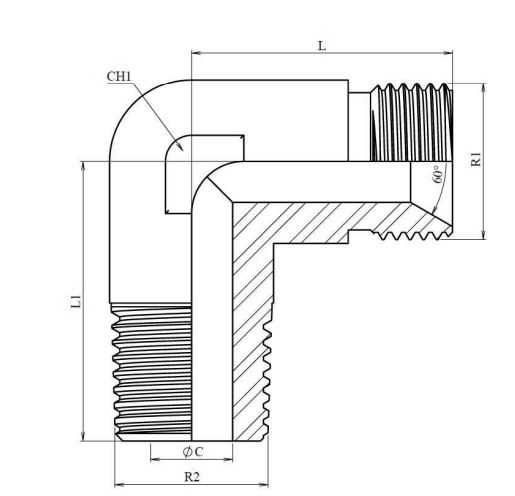 Rostfri vinkelkoppling 90º 1/2" BSP hane - 1/2" BSPT hane – bild 2