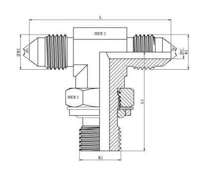 Justerbar T-adapter JIC 1"5/8 12h UNF hane - 1"1/4 BSP hane – bild 2