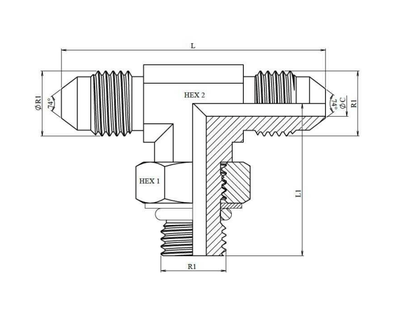 Justerbar T-adapter JIC 3/4" hane - JIC 1"1/16 12h UNF hane – bild 2