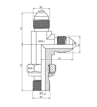 Justerbar T-adapter JIC 1"5/8 12h UNF hane - 1"1/4 BSP hane – bild 2