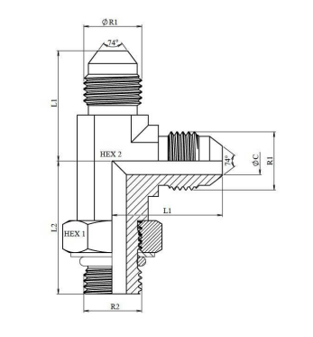 Justerbar T-adapter JIC 7/8" hane - JIC 7/8" UNF hane – bild 2