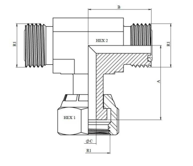 Justerbar ORFS T-koppling 1"11/16 - 12h hane med svivel (T-utförande) – bild 2