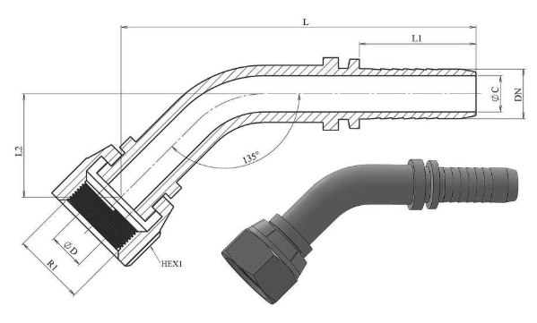 Rostfri 1/4" DN presskoppling 45º 1/4" BSP invändig gänga plan tätning – bild 2