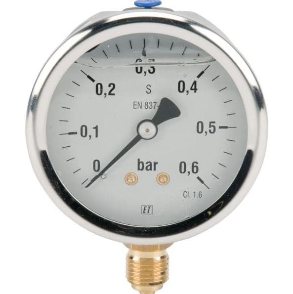 Manometer med bottenanslutning 63mm rostfri glycerinfylld 0-0,6 bar