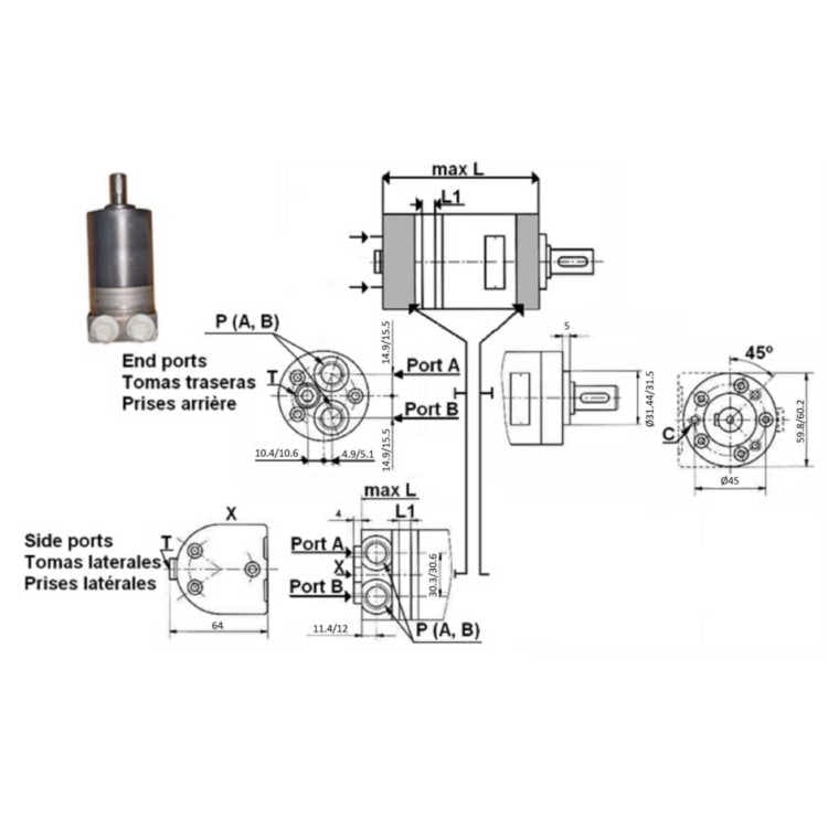 MM20 20cc hydraulmotor 16 mm axel, sidoanslutning – bild 2