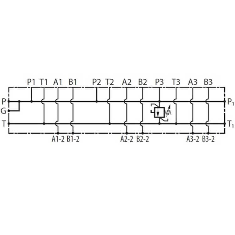 NG10 underblock (parallell), 5 sektioner, med tryckbegränsningsventil och topp- och sidoanslutning – bild 2