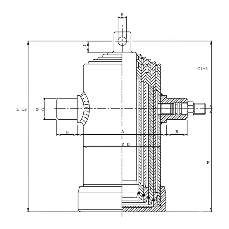 5-stegs teleskopcylinder, Ø46-107mm, slag 690mm, 180 bar med öga – bild 2