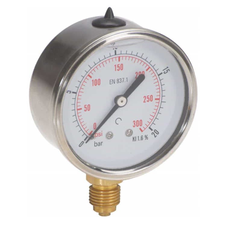 Manometer med nedre anslutning 100 mm, fylld med glycerin, 1/2" BSP, 0-60 bar