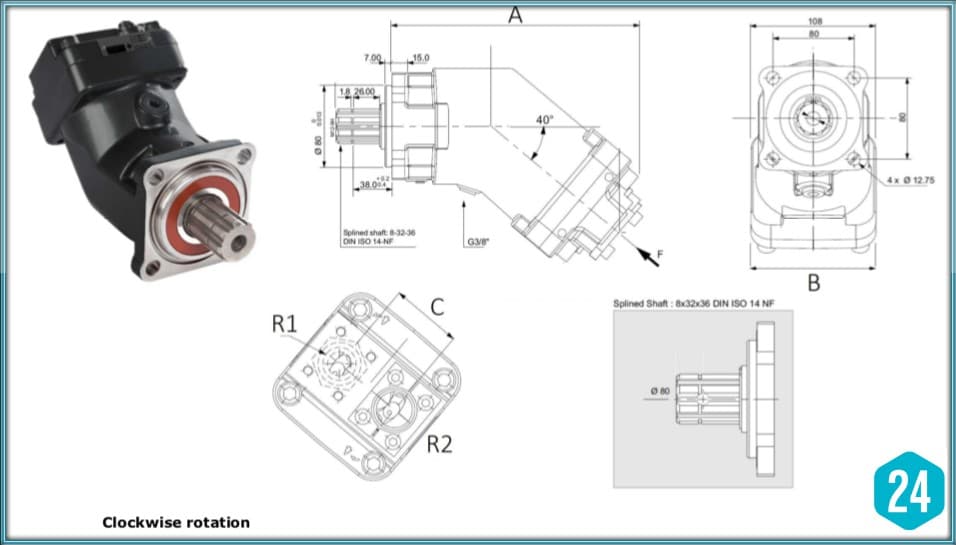 32cc axialkolvmotor 3/4" med splinead axel – bild 2
