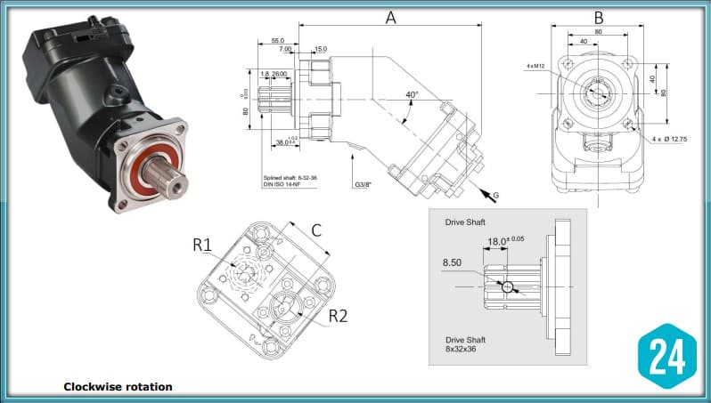 63cc axialkolvpump höger 3/4" med drivaxel – bild 2