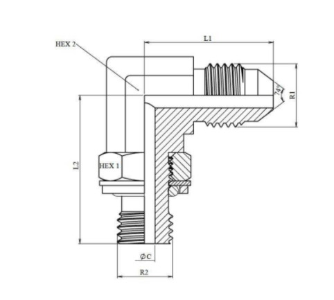 Vinkelkoppling justerbar 3/8" BSP - JIC 3/4" 16h UNF utvändig gänga – bild 2