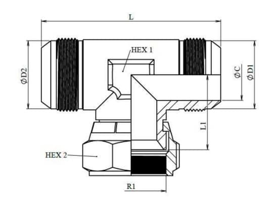 Rostfri justerbar T-adapter JIC 1" 5/8 12 UNF (T-utförande) – bild 2
