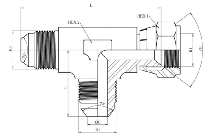 Rostfri justerbar T-adapter JIC 3/4" 16 UNF (L-utförande) – bild 2
