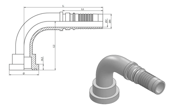 1"1/4 DN interlock presskoppling 90º SAE 54 mm 9000 PSI – bild 2
