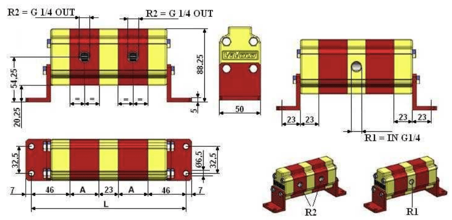 Flödesdelare (motor) utan ventiler 2 sektioner 0,8-3,8 l/min – bild 2