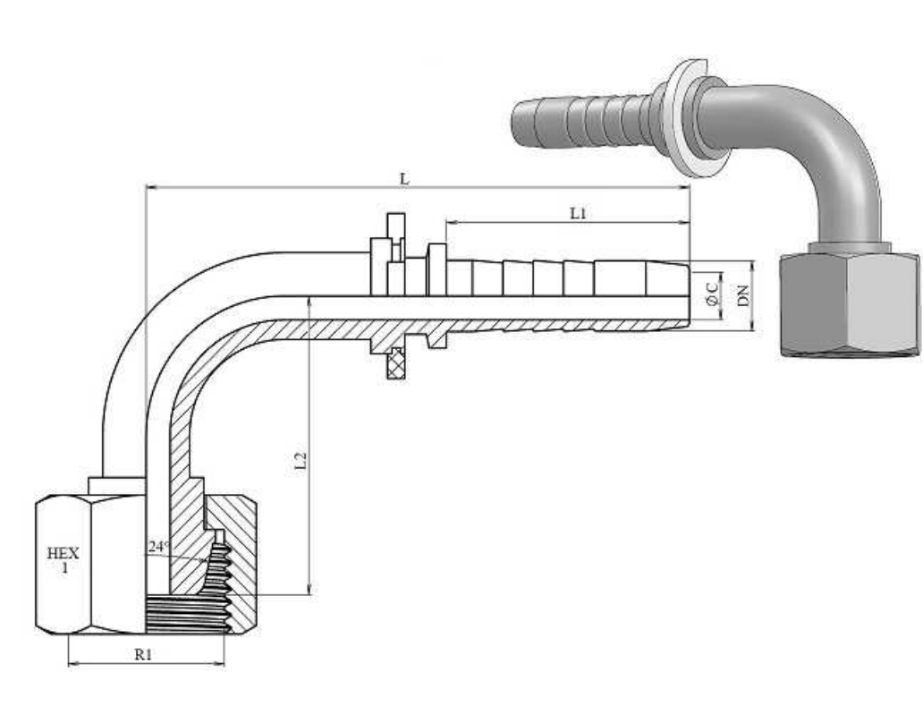 12L M18x1,5 Presskoppling 90° vinklad med svivel 24°/60° konus för 5/16" (DN08) slang – bild 2