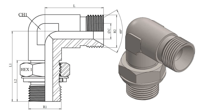 Rostfri vinkelkoppling justerbar 90º 1/4" BSP hane - 1/4" BSP hane – bild 2