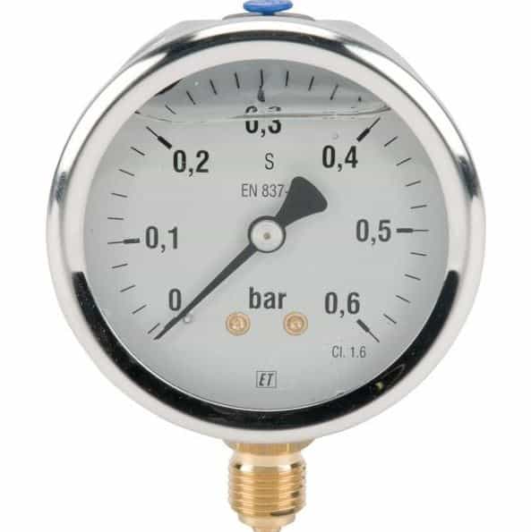 Manometer med bottenanslutning 63mm rostfri glycerinfylld 0-0,6 bar