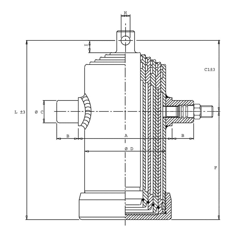 6-stegs teleskopcylinder, Ø68-165mm, slag 2225mm, 180 bar med öga – bild 2