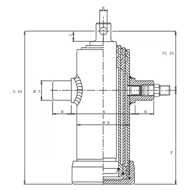 3-stegs teleskopcylinder, Ø46-76mm, slag 500mm, 180 bar med öga – bild 2